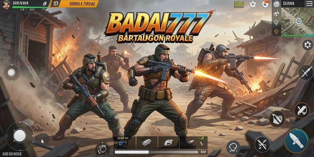 Screenshot utama BADAI777 menampilkan pertempuran seru di dunia Battle Royale.