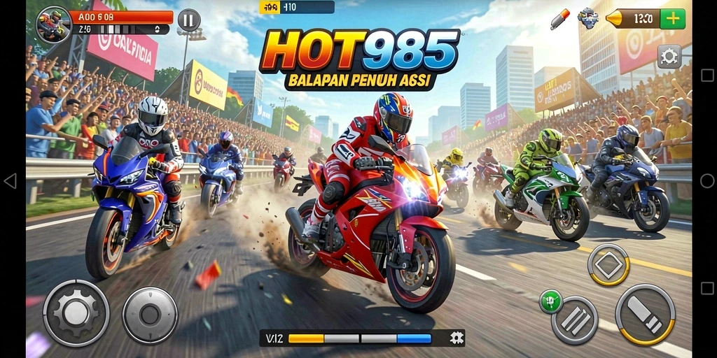 Screenshot HOT985 menunjukkan aksi balapan motor yang menegangkan.
