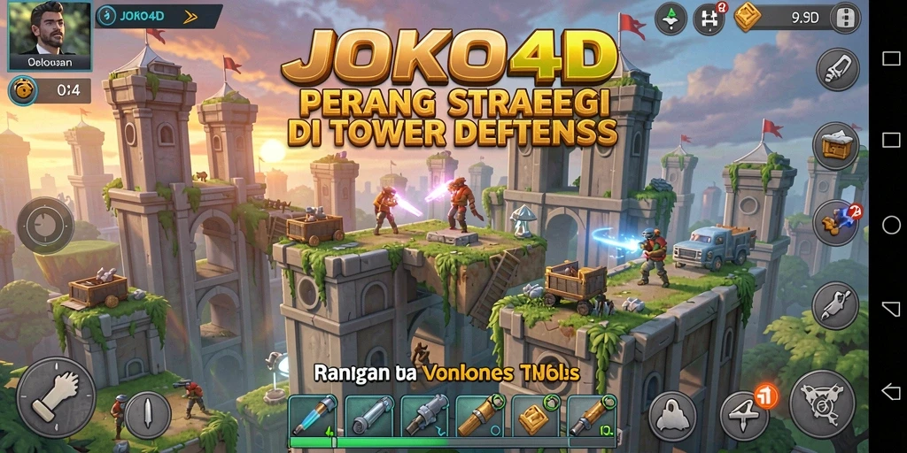 Tampilan gameplay menegangkan di JOKO4D dengan menara dan musuh.