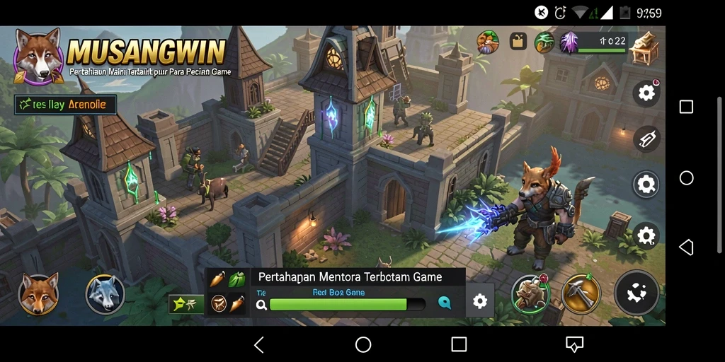 Screenshot gameplay menunjukkan menara melawan gelombang musuh yang menyerang.