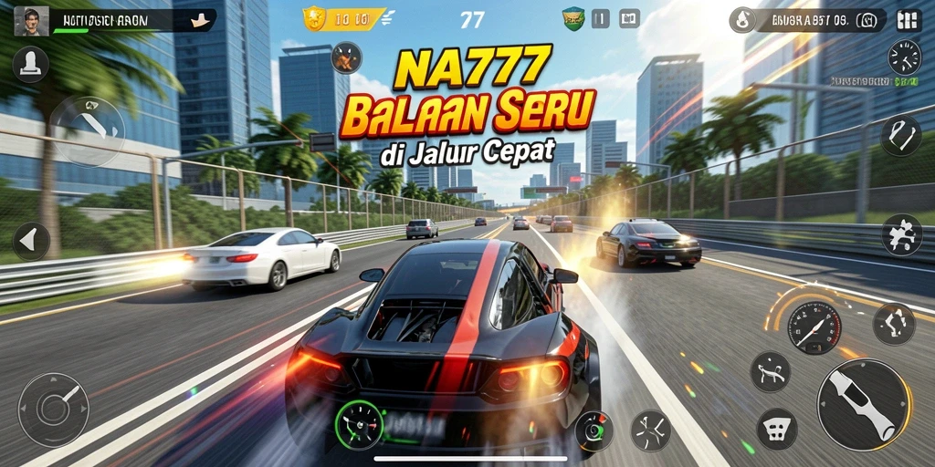 Screenshot utama NA777 menampilkan mobil balap yang beraksi di lintasan.