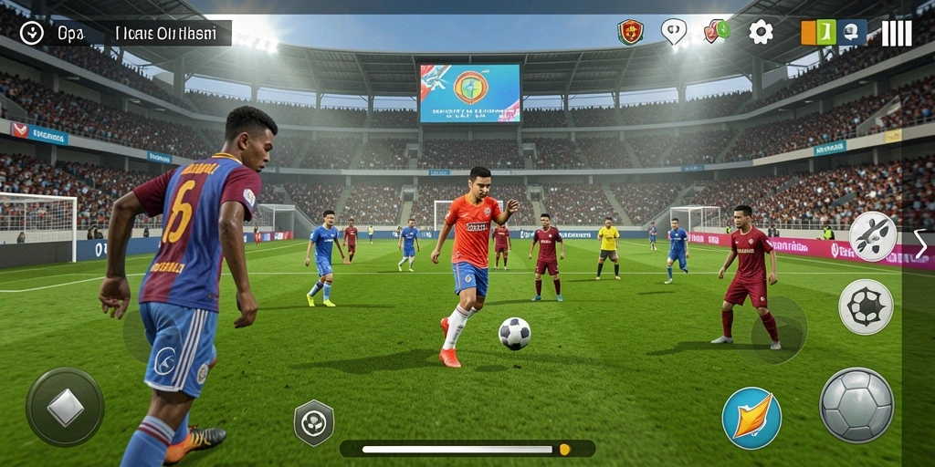 Screenshot gameplay PP7 yang menunjukkan aksi sepak bola penuh semangat.
