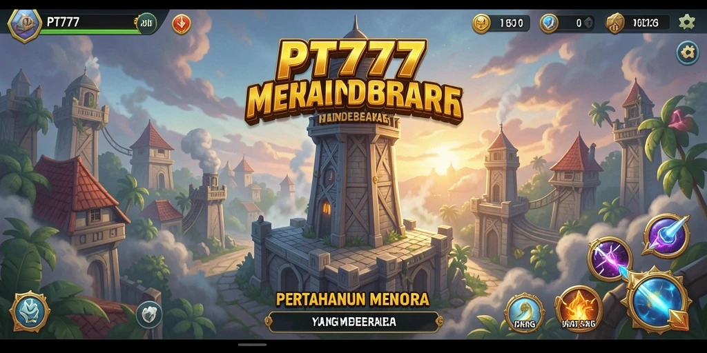 Tampilan gameplay PT777 dengan menara dan musuh yang beragam.