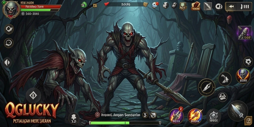 Tampilan gameplay seram QGLUCKY dengan suasana mencekam.