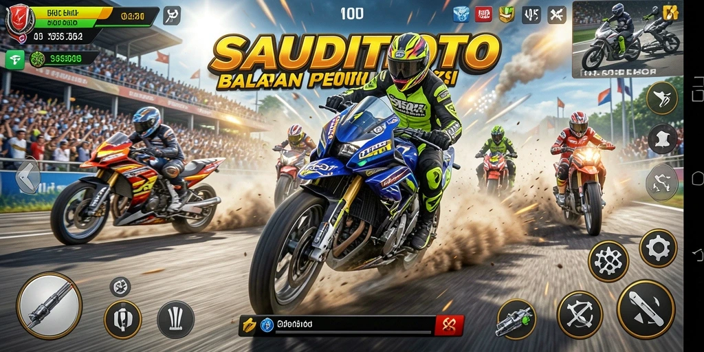 Tampilan gameplay seru di SAUDITOTO dengan aksi balapan motor.
