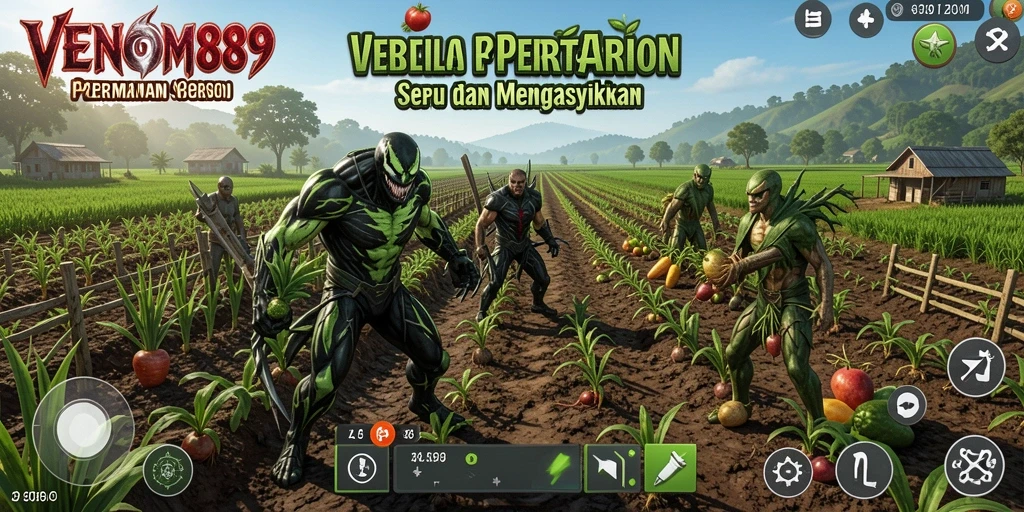 Tampilan gameplay <strong>VENOM889</strong> yang menampilkan kebun yang rimbun dan hewan peliharaan.