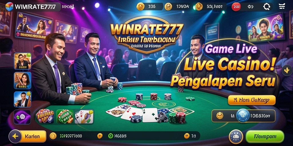 Screenshot WINRATE777 menampilkan dealer langsung dan aksi permainan kasino yang mendebarkan.